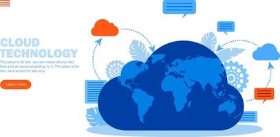 cloud technology with world map vector illustration