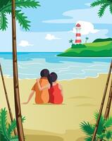 couple sitting at seashore. Relaxed. Looking at lighthouse vector