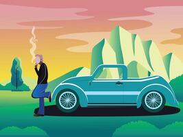 de fumar hombre y coche montaña vector ilustración