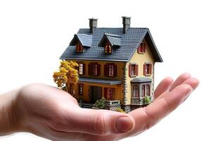 AI generated Hand holding model house for buy real estate concept photo