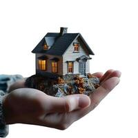 AI generated Hand holding model house for buy real estate concept photo
