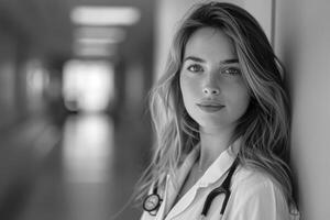 AI generated A girl in the role of a doctor in a hospital, very beautiful, full-length, top model. photo