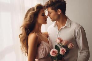 AI generated young tender couple with a bouquet of roses, beige shades, love, romance, Valentine's day photo