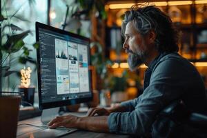 ai generado hombre trabajando en un computadora en el oficina foto