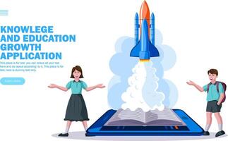 education application startup, rocket launch from book with kids vector