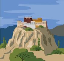 tibetano monasterio en montaña paisaje vector