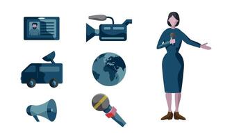 essential journalism icons live reporting van, camera I card , mic and reporter standing vector