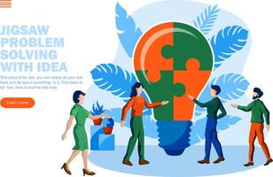 problem solving and creating idea with jigsaw bulb and team conversation concept vector illustration