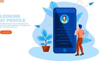 man looking at profile on phone vector illustration