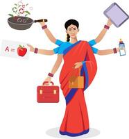 Indian Multitasking woman balancing life with multiple hands vector