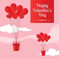 happy valentines day greeting with hearts in pink sky and clouds background vector