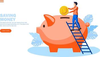 hombre ahorro dinero en cerdito banco vector ilustración concepto