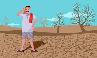 sequía condiciones India, agrietado tierra y preocupado indio granjero vector