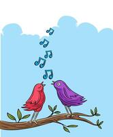 hand drawn couple birds singing on branch colored vector