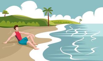 relaxed man sitting on beach vector