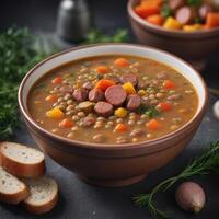 AI generated Photo Of Lentil Soup With Sausage And Vegetables. AI Generated