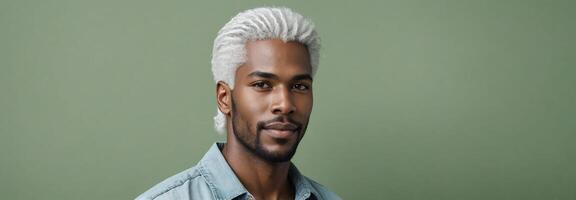 AI generated Midshot Portrait Photo Of A Adoring LatinAfrican American Handsome Male Model With A White Hair Isolated On A Mediumspringgreen Background With Copy Space Banner Template. AI Generated