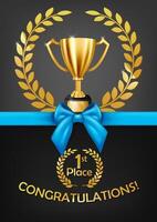 Congratulations Greeting Card with Blue Bow and Golden Trophy, Vector Illustration