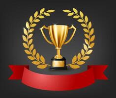 Realistic Golden Trophy with Gold Laurel Wreath and Text Space on Red Ribbon, Vector Illustration