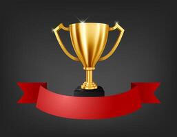 Realistic Golden Trophy with Text Space on Red Ribbon, Vector Illustration