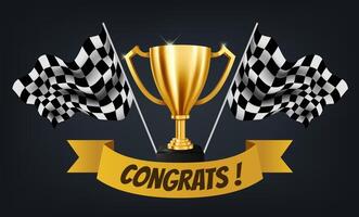 Realistic Golden Trophy with Checkered Flag Racing Championship Background and Congrats Text on Yellow Ribbon, Vector Illustration