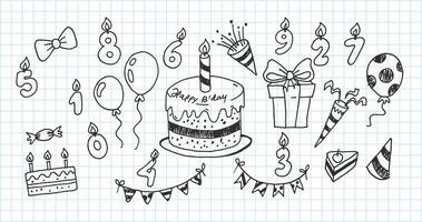 Artistic Collection of Hand Drawn Birthday Set. Isolated and Real Pen Sketch, Vector Illustration