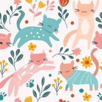 Cute Cat and Flower Seamless Pattern vector