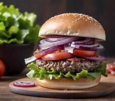 AI generated Close-up of a hamburger with sesame seed bun, lettuce, tomatoes, red onions, bacon, and a beef patty on a wooden surface with lettuce leaves in the background photo