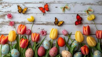 AI generated Colorful spring celebration with tulips and butterflies photo