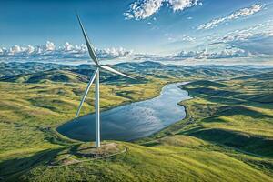 AI generated Scenic wind turbines over green hills photo