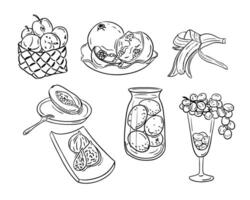 Hand drawn doodle contour set of juicy fruits. Vector black outline sketchy drawings of groups of fruits on white background. Ideal for coloring pages, tattoo, pattern