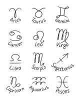 Contour hand drawn set of doodle zodiac signs. Black isolated sketchy drawings on white background. Ideal for coloring pages, tattoo, pattern vector