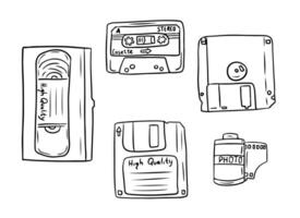 Hand drawn sketchy set of electronic storage medias. Vector contour doodle drawings of items from 80s, 90s. Various type of electronic storage device. Ideal for coloring pages, tattoo, pattern