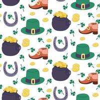 Irish holiday seamless pattern on white background. St Patricks day traditional concept. Flat hand drawn leprechaun items on green background. Unique print design for textile, wallpaper, wrapping vector