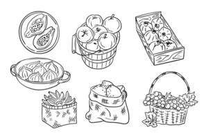 Sketchy hand drawn contour set of fruit groups. Doodle black outline fruits in basket, sack, on plate on white background. Ideal for coloring pages, tattoo, pattern vector