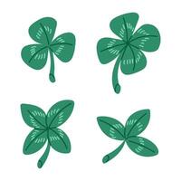Flat hand drawn set of shamrock and clover leaves on white background. Irish traditional element. St Patricks Day decoration. Unique print design, decoration, stickers vector