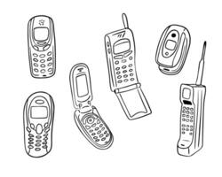 Hand drawn doodle set of retro cell phones. Vector contour doodle drawings of items from 80s, 90s and 2000s. Different types of phones. Retro concept. Ideal for coloring pages, tattoo, pattern