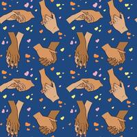 Flat bold pattern with hands holding together. Love concept. Males and females hands of people in relationship. Unique print design for textile, wallpaper, wrapping vector