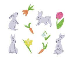 Spring collection of flat bunnies and flowers. Easter concept. Sketchy hand drawnelements on white background. Ideal for decoration, stickers, greetings, banner and background vector