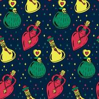Flat bold potion bottle seamless pattern. Mystical and witch concept on dark background. Good for decoration on Halloween. Trendy print design for textile, wallpaper, wrapping, background vector