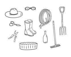 Hand drawn sketchy drawings of items for gardening. Vector contour garden tools on white background. Various equipment and facilities for gardening, farming. Ideal for coloring pages, tattoo, pattern