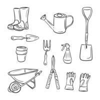 Hand drawn doodle set with items for gardening. Vector contour garden tools on white background. Various equipment and facilities for gardening, farming. Ideal for coloring pages, tattoo, pattern