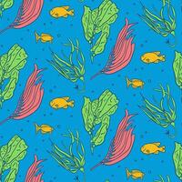 Flat seamless pattern with outline kelp and fish. Flat hand drawn plant and fish on blue background. Sea or underwater life concept. Trendy print design for textile, wallpaper, wrapping vector