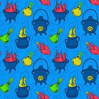 Flat bold witch items with potion. Seamless pattern. Isolated bottles, cauldron with potion on blue background. Good for decoration on Halloween. Unique print design for textile, wallpaper, wrapping vector