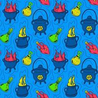 Flat bold witch items with potion. Seamless pattern. Isolated bottles, cauldron with potion on blue background. Good for decoration on Halloween. Unique print design for textile, wallpaper, wrapping vector