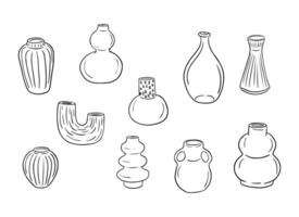 Hand drawn set of doodle modern vase. Vase shape and ceramic pot, jug or jar bottles linear doodle set. Cozy home handmade pottery for decoration. Ideal for coloring pages, tattoo, pattern vector