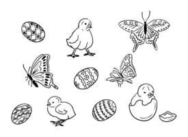 Outline hand drawn doodle set with chicks and easter eggs. Spring or easter concept. Contour sketchy birds, eggs and butterflies on white background. Ideal for coloring pages, tattoo, pattern vector