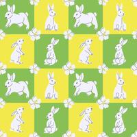 Spring pattern with squares shapes and bunnies. Flat hand drawn white bunny and flowers in contrast squares. Unique retro print design for textile, wallpaper, interior, wrapping vector
