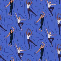 Seamless pattern with men dancing ballet on blue background. Artistic concept. Flat hand drawn male silhouettes. Trendy print design for textile, wallpaper, wrapping vector