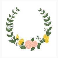 Hand drawn flat doodle floral frame or wreath. Vector isolated colored round frame for card, sticker on white background. Template with empty space for for wedding, anniversary card, invitation